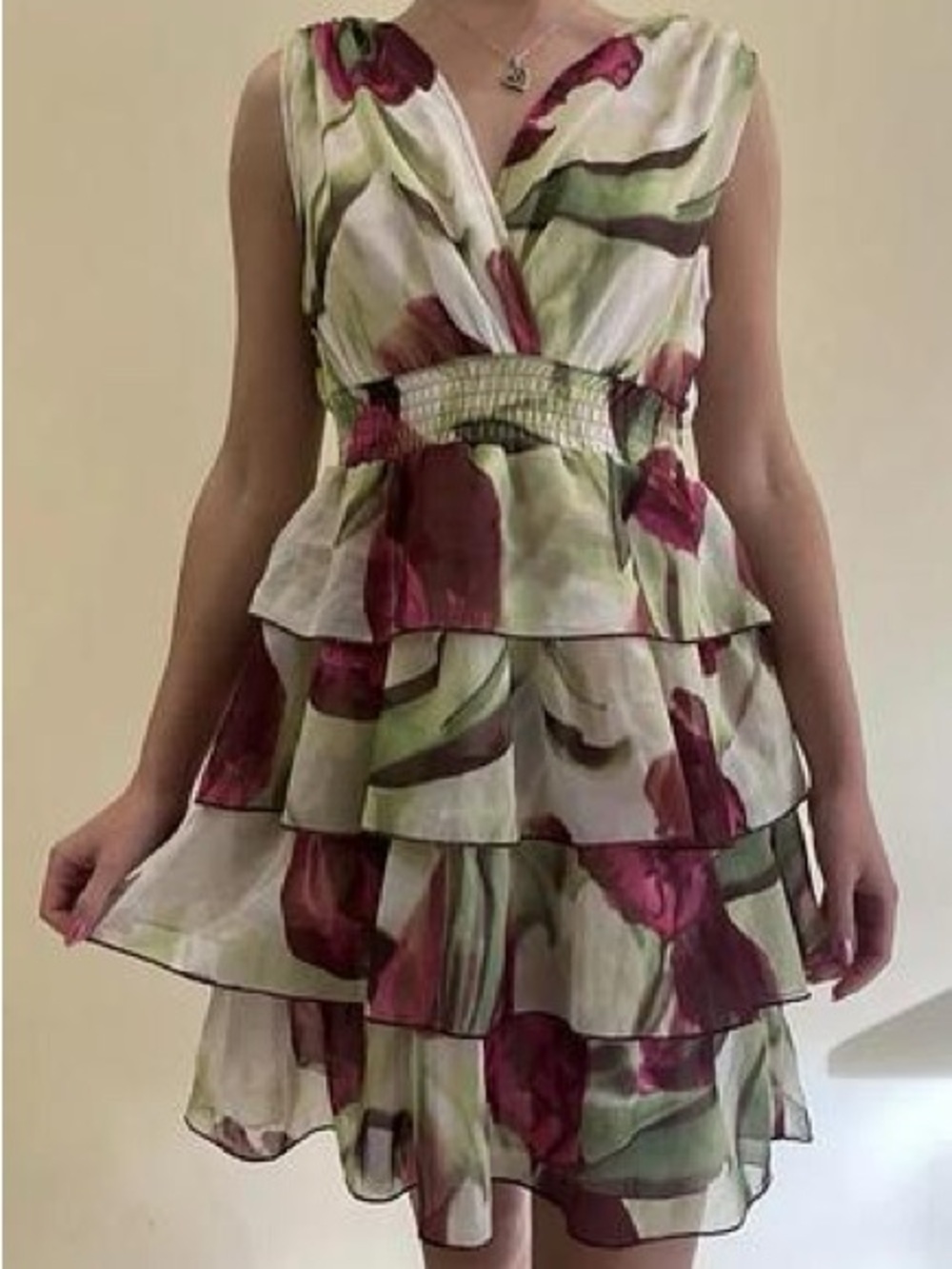 H&M Tiered Floral Midi Dress in Green and Burgundy